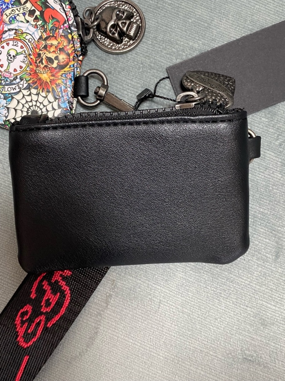 NWT Ed Hardy Black 3 piece Multicolor Tattoo Print Pouch & Wristlet Keychain Set - Picture 10 of 17